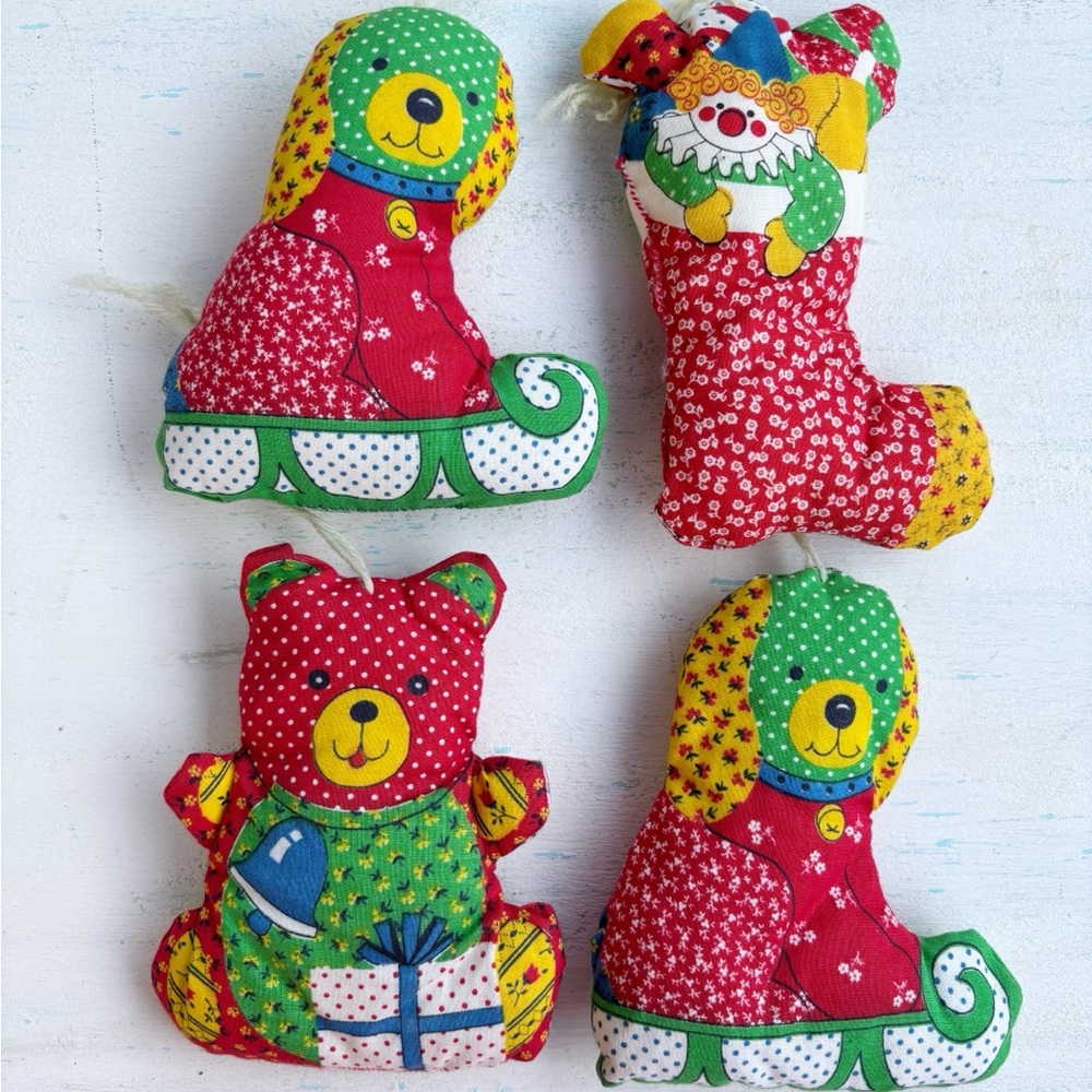 Vintage Christmas Handmade Fabric Ornaments Stuffed Patchwork Dog Bear